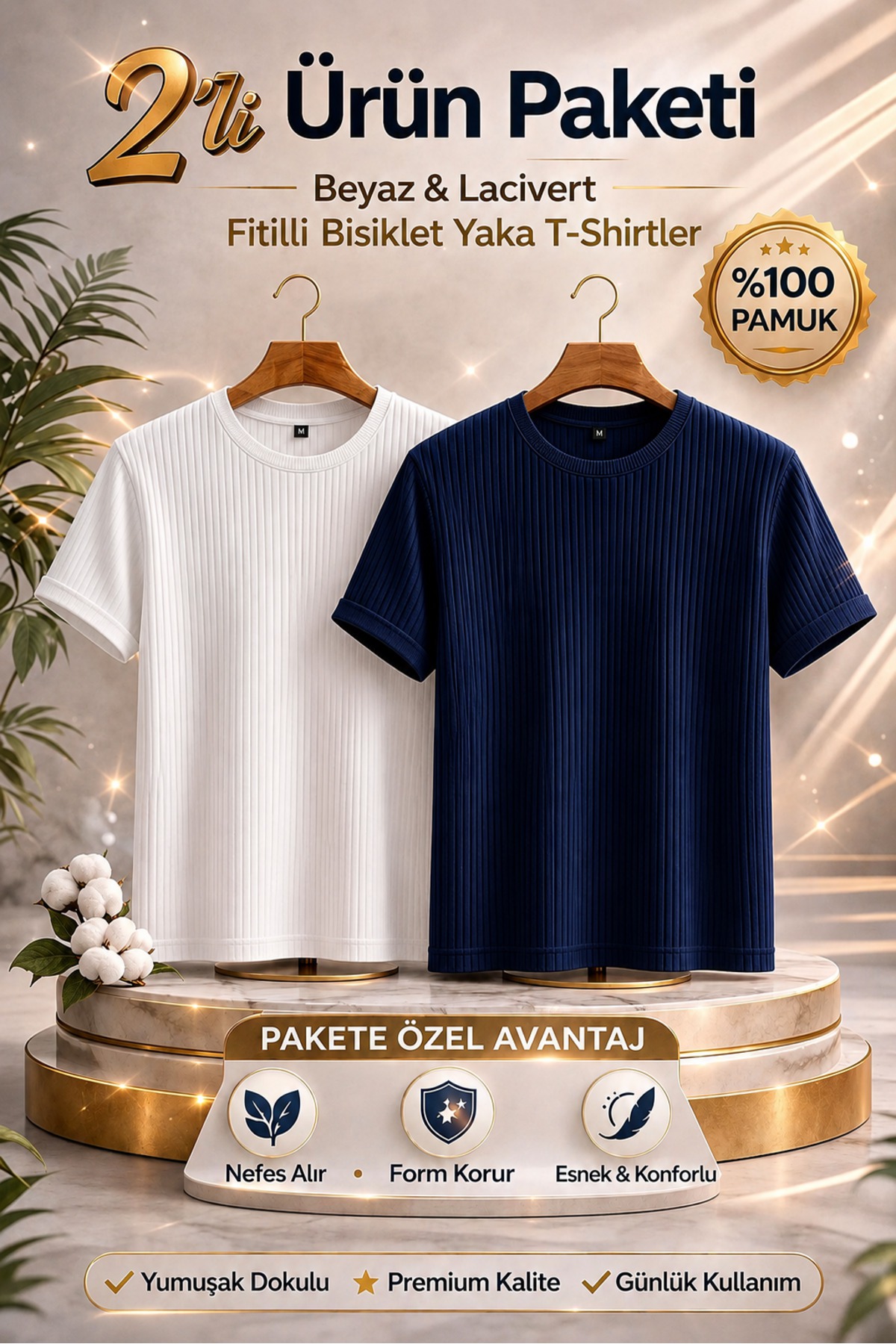 Erkek Beyaz Lacivert 2'li Oversize Bisiklet Yaka T-Shirt