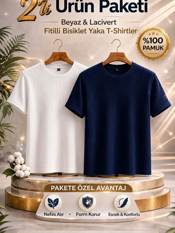 Erkek Beyaz Lacivert 2'li Oversize Bisiklet Yaka T-Shirt