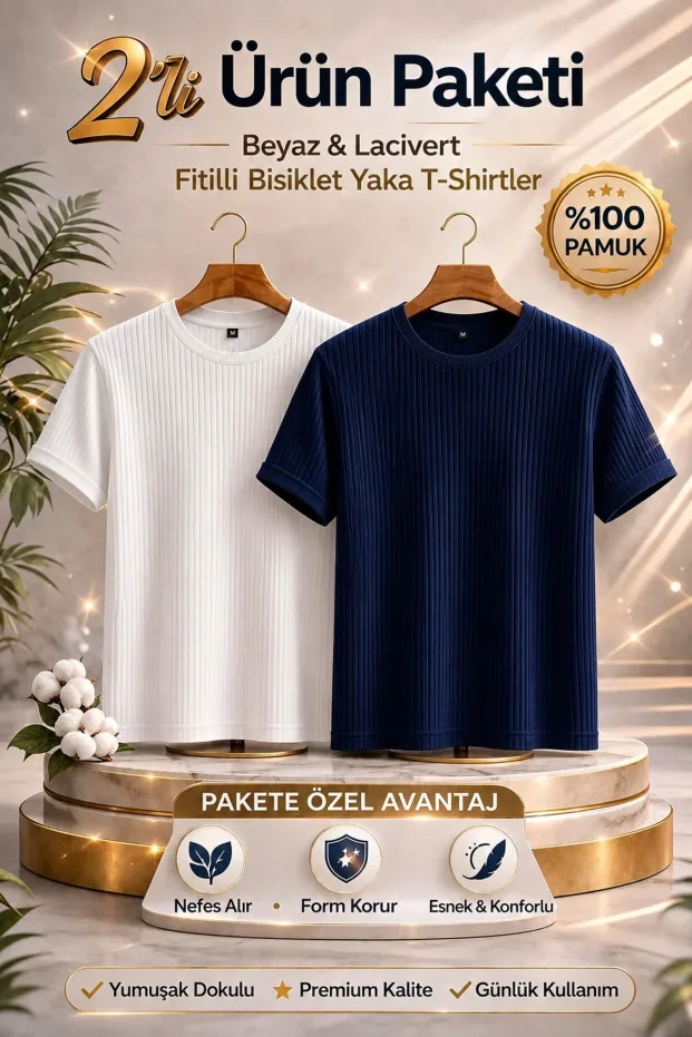 Erkek Lacivert Beyaz Oversize Fitilli Bisiklet Yaka Tişört 1