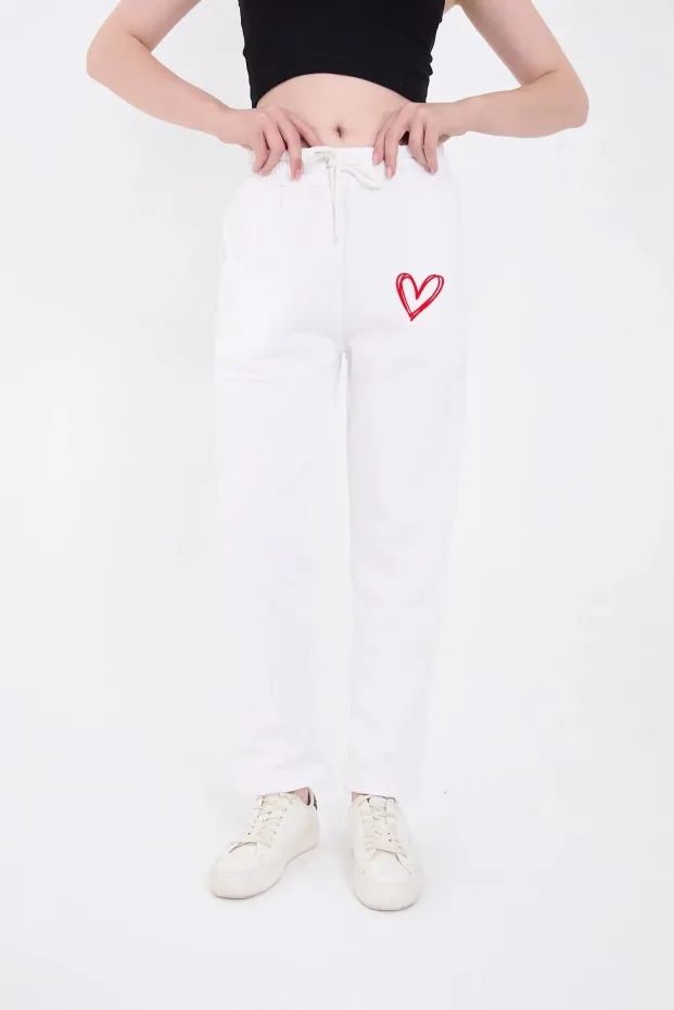 Women's White Three-Thread Cotton Printed Elastic Cuff Sweatpants 4