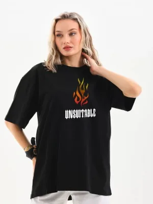 Femeie Tricou Negru Oversize cu Guler Bicicletă, Imprimare