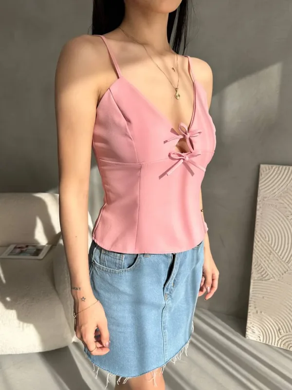 İp Askılı Yay Detallı Krepli Bluz Pudra 4