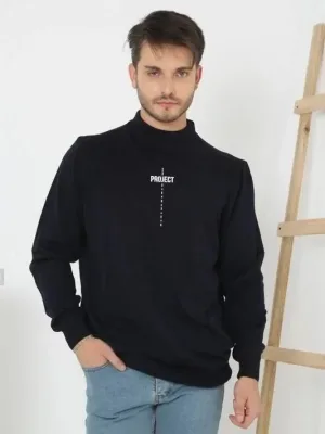 Men's Black Oversize Half Turtleneck Printed Knit Sweater