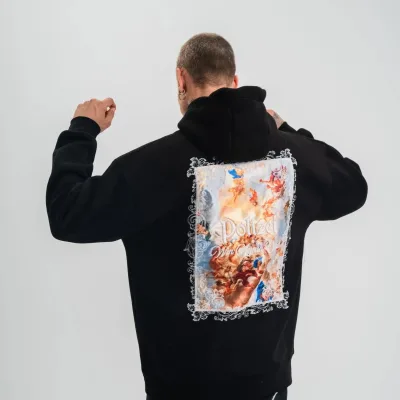 Sweatshirtê Mêran ê Reş Oversize 3 Têl Pembû Bi Kapek û Çapkirî 8