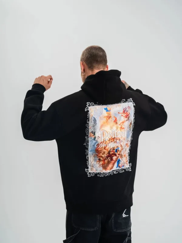 Sweatshirtê Mêran ê Reş Oversize 3 Têl Pembû Bi Kapek û Çapkirî 8