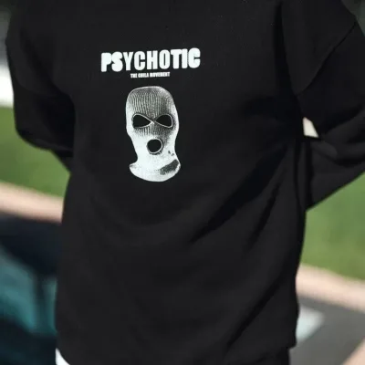 Sweatshirtê Reş ê Mêran ê Bi 3 Têlên Pembû, Stûyê Bisîkletê û Çapkirî 1