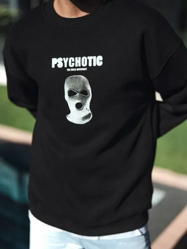 Sweatshirtê Reş ê Mêran ê Bi 3 Têlên Pembû, Stûyê Bisîkletê û Çapkirî 1