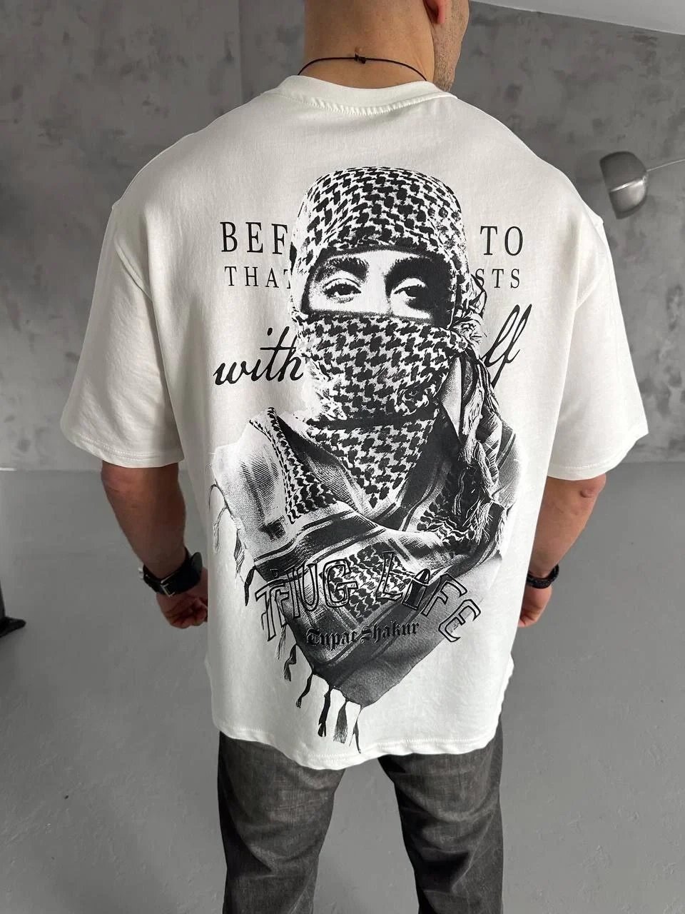 Erkek Beyaz Bisiklet Yaka Filistin Poşulu Baskılı Tişört