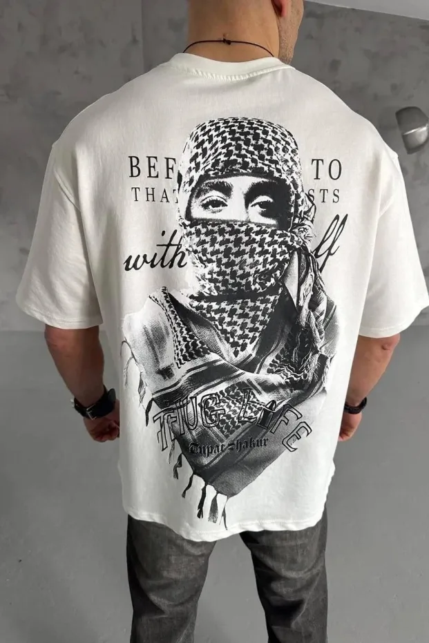 Bărbat Alb Tricou cu Guler Bicicletă Imprimat cu Eșarfă Palestiniană 1