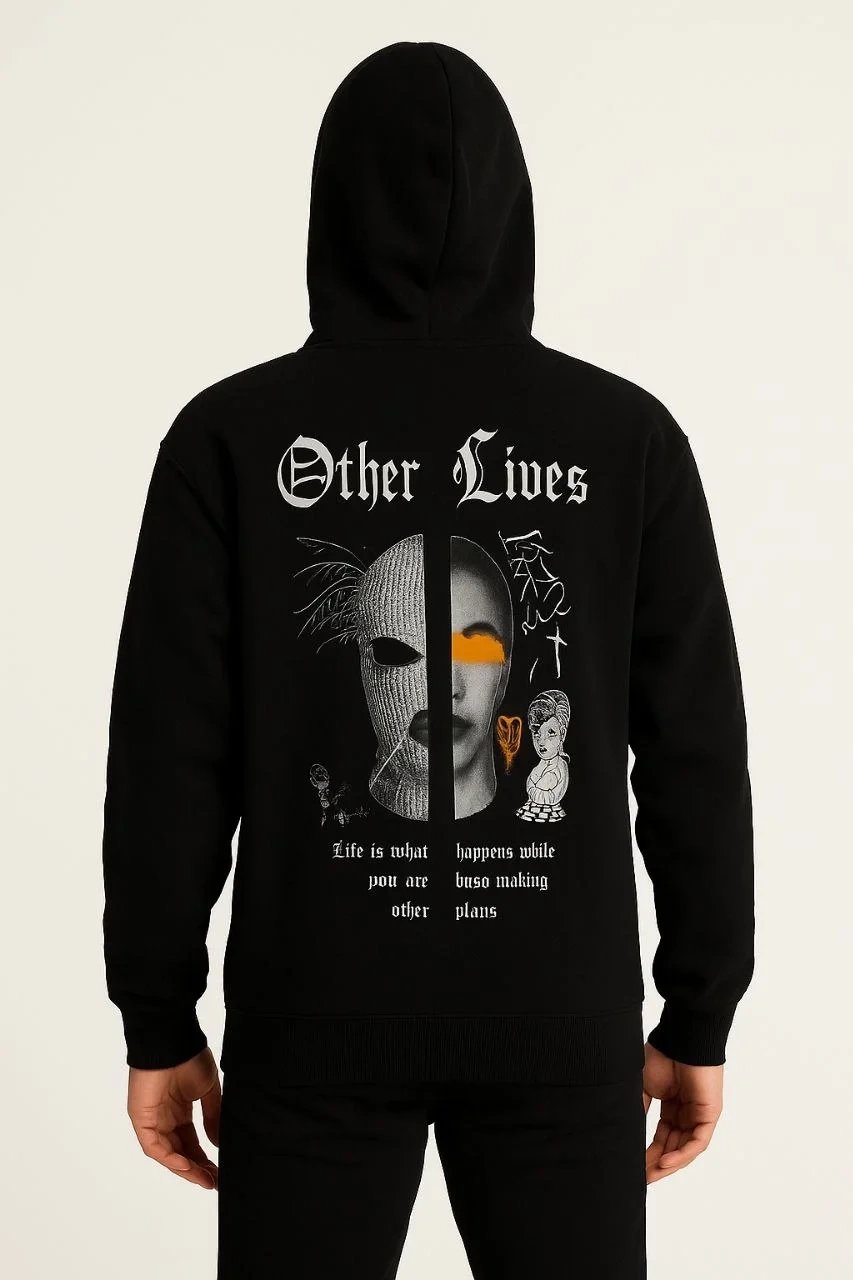 Pánský černý 3-nitní bavlněný potištěný sweatshirt s kapucí a kapsou klokaní 1