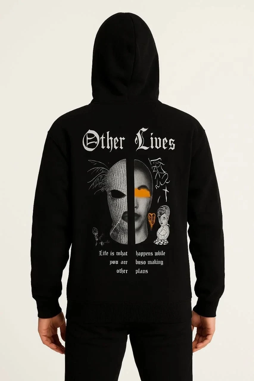 Bărbați Negru 3 Fire Bumbac Imprimat Glugă Cangur Buzunar Sweatshirt