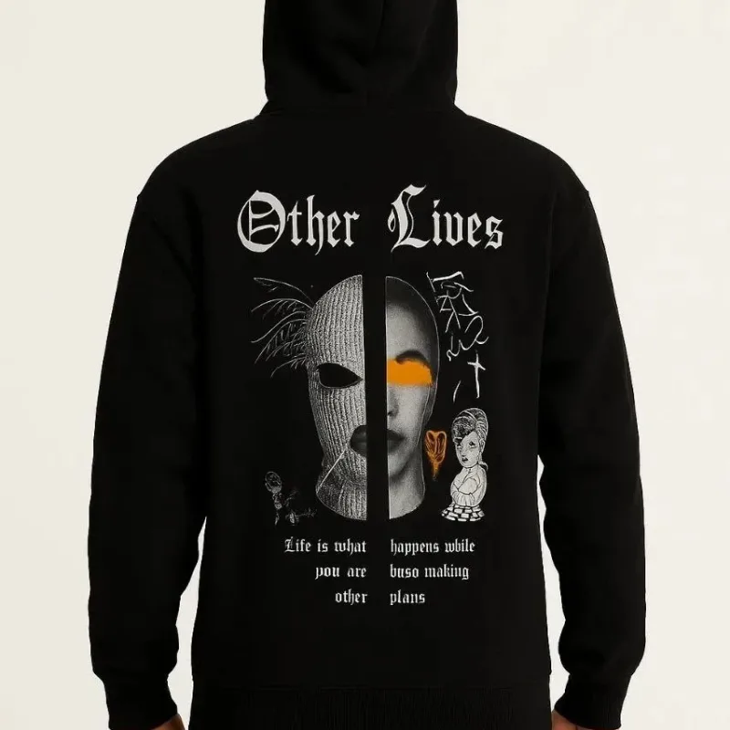 Pánský černý 3-nitní bavlněný potištěný sweatshirt s kapucí a kapsou klokaní