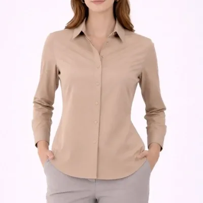 Women's Beige Long Sleeve Button Down Classic Collar Daily Office Shirt 2