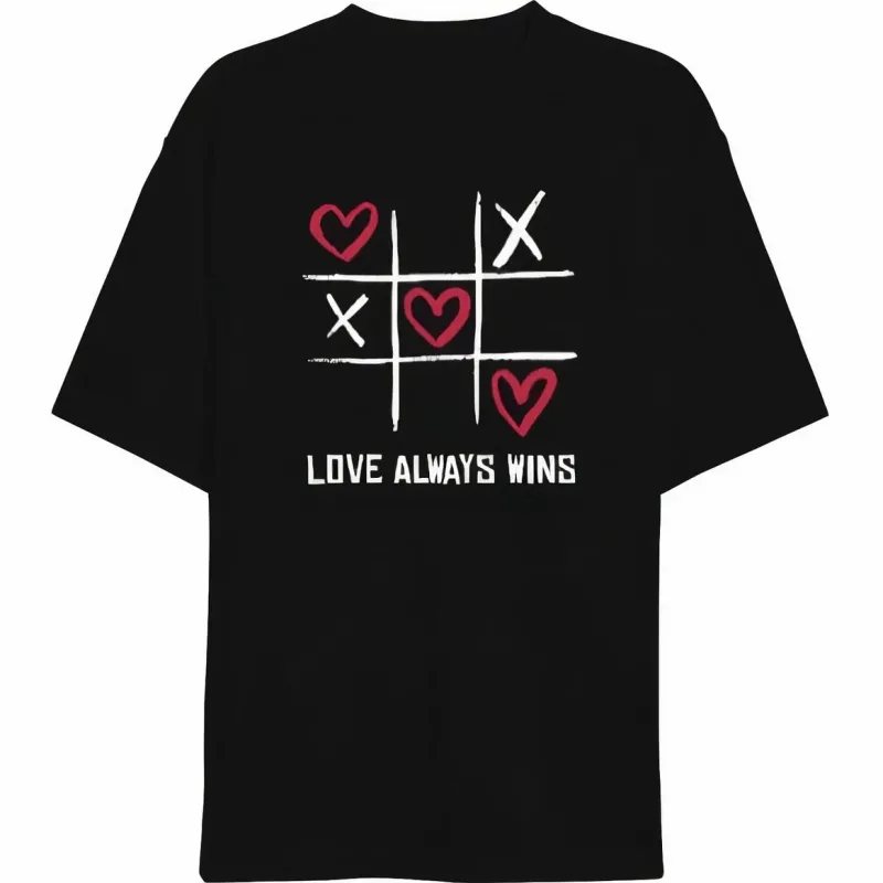 Femea Neagra Oversize Love Always Wins Guler Bicicleta Printat Tricou
