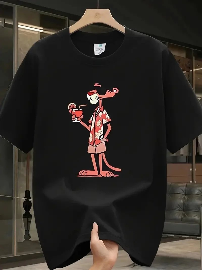 Bărbați Tricou Negru cu Imprimeu Panteră Roz și Mânecă Scurtă 1