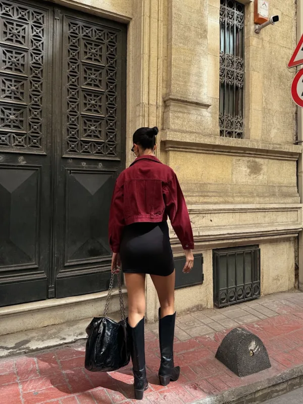 Dvojité kapsy Džínový Crop Kabát Bordeaux 4
