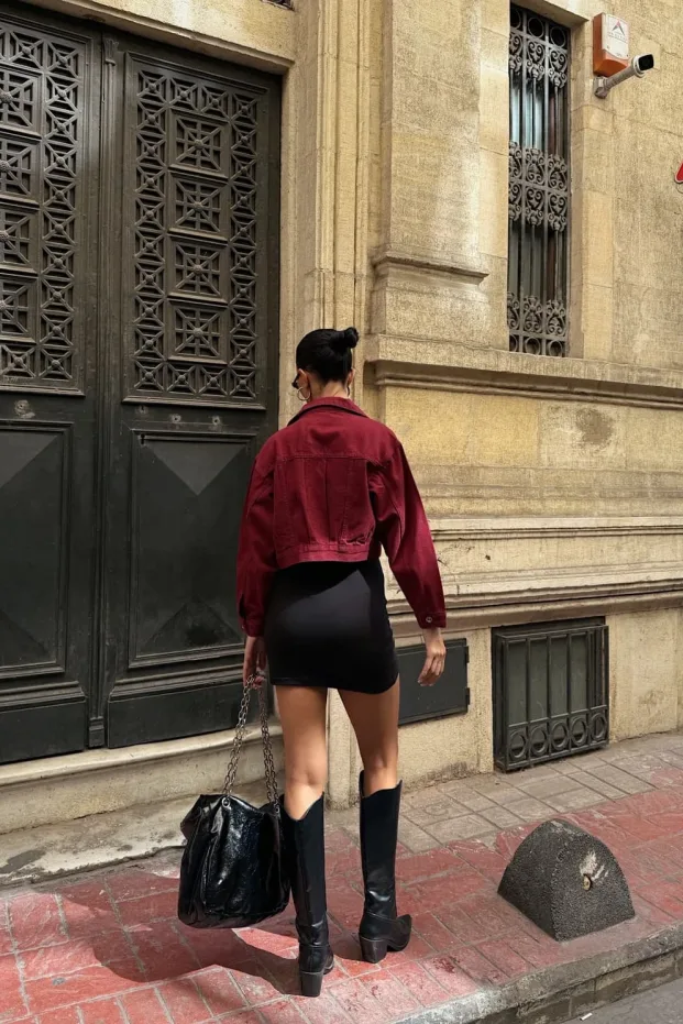 Çift Cep Denim Crop Ceket Bordo 4