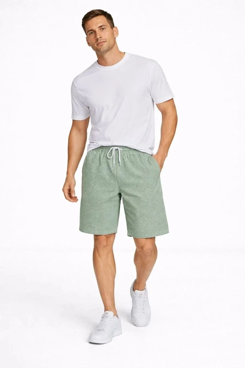 Men's Mint Green Gingham Elastic Waist Drawstring Pockets Summer Shorts