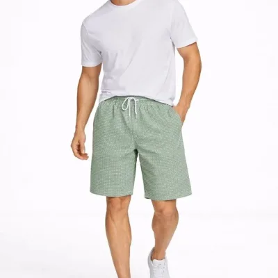 Men's Mint Green Gingham Elastic Waist Drawstring Pockets Summer Shorts 1