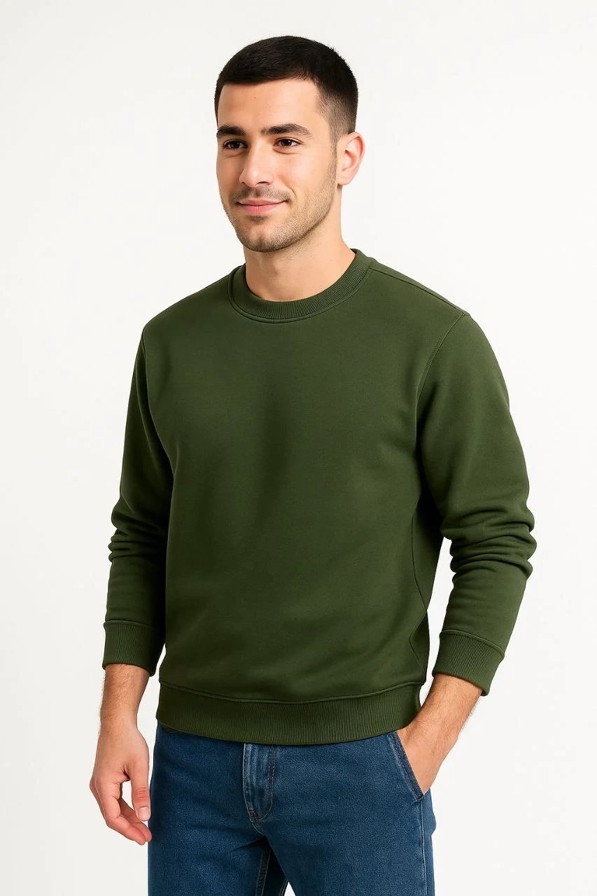 Sweatshirtê Mêran ê Haki ê 3 Têlî yê Pembû yê Rast ê Stûyê Bîsîkletê 1