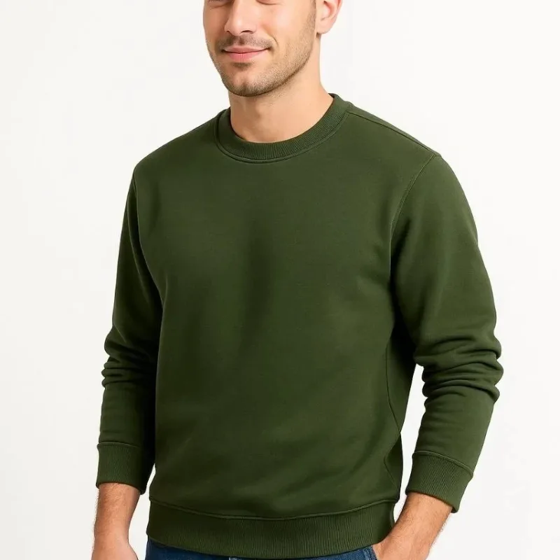 Muška kaki 3-nitna pamučna obična biciklistička kragna sweatshirt