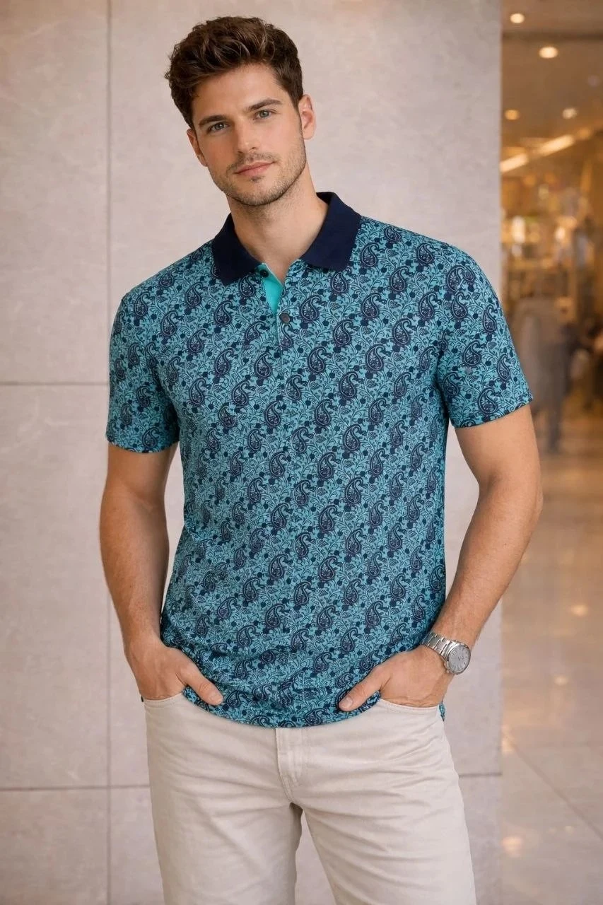Man Turquoise Pique Fabric Polo Collar Palm Patterned T-Shirt