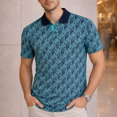 Man Turquoise Pique Fabric Polo Collar Palm Patterned T-Shirt 1