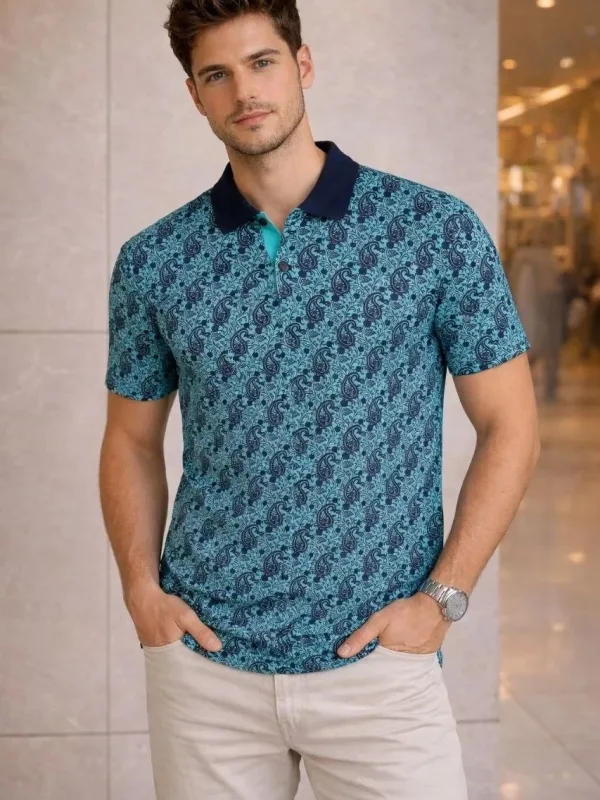 Man Turquoise Pique Fabric Polo Collar Palm Patterned T-Shirt 1