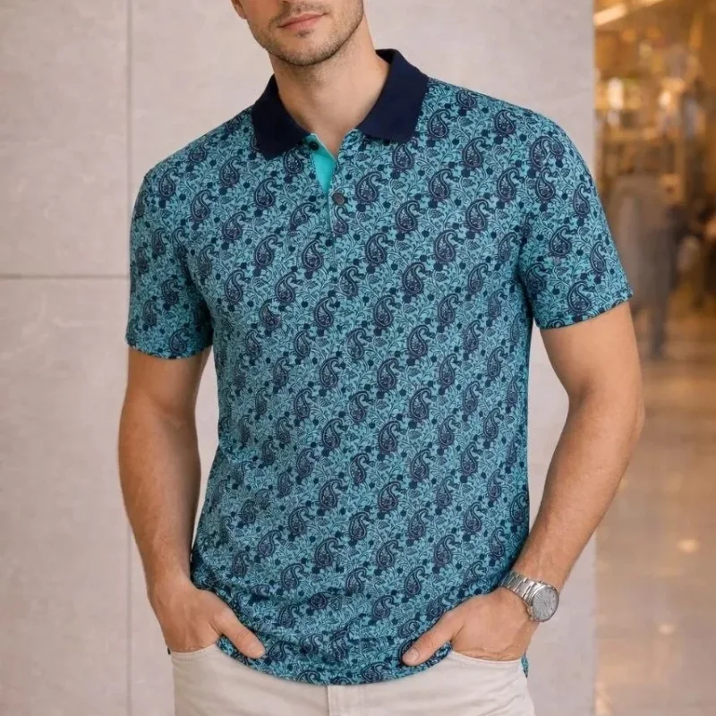 Men's Turquoise Pique Fabric Polo Collar Palm Patterned T-Shirt