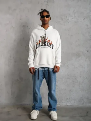 Męska Biała Oversize Bluza z Kapturem 3-nitkowa Bawełniana z Nadrukiem i Kieszenią Hoodie