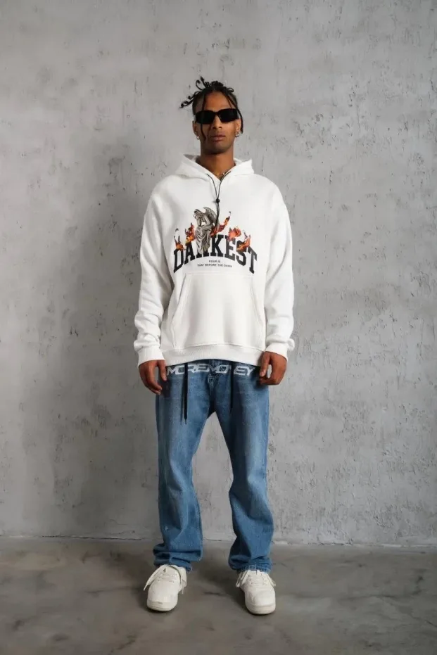 Erkek Beyaz Oversize 3 İplik Pamuklu Kapüşonlu Baskılı Cepli Sweatshirt 1