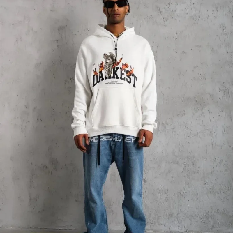 Men's 3-Thread Cotton Hooded Printed Pocket Oversize Sweatshirt Hoodie - White