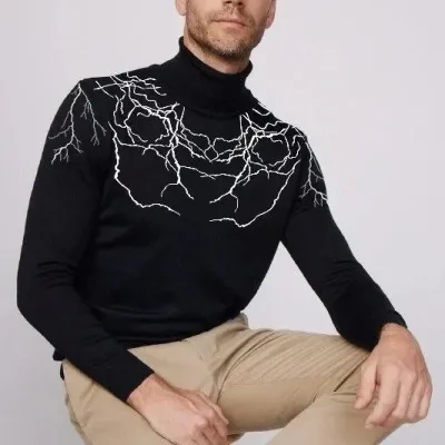 Férfi fekete félmagas nyakú nyomott mintás szövött kötött pulóver 2