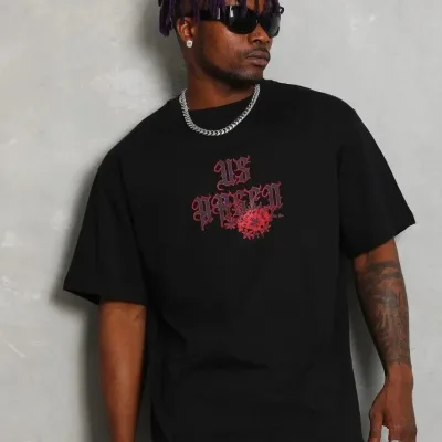 Bărbați Negru Oversize Guler Bicicletă Imprimat Mânecă Scurtă Tricou 5