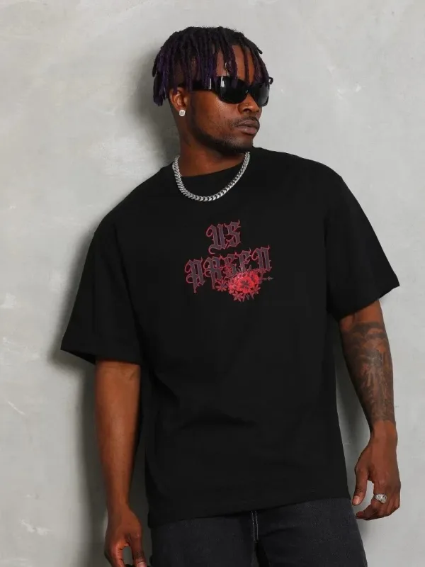 Bărbați Negru Oversize Guler Bicicletă Imprimat Mânecă Scurtă Tricou 5