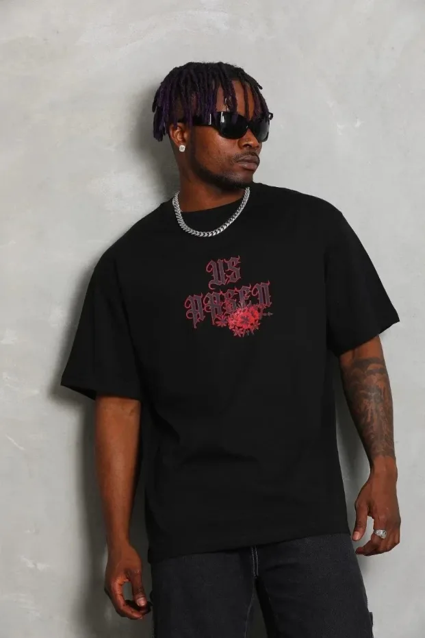 Bărbați Negru Oversize Guler Bicicletă Imprimat Mânecă Scurtă Tricou 5