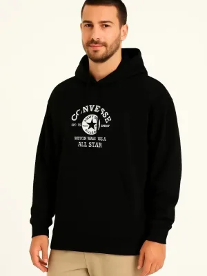 Muški Crni 3 Nitni Pamučni Štampani Kapuljačasti Kangur Džepni Sweatshirt