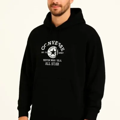 Muški Crni 3 Nitni Pamučni Štampani Kapuljačasti Kangur Džepni Sweatshirt 1