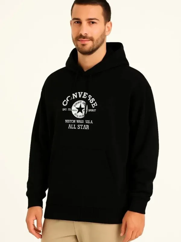 Muški Crni 3 Nitni Pamučni Štampani Kapuljačasti Kangur Džepni Sweatshirt 1