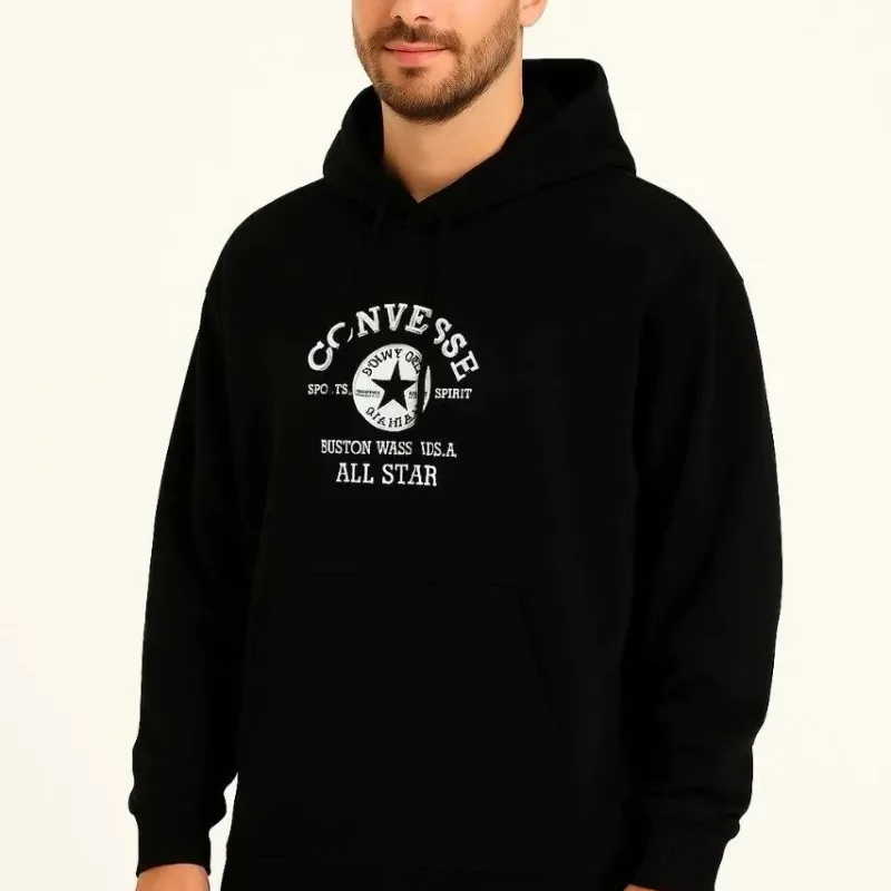 Muški Crni 3 Nitni Pamučni Štampani Kapuljačasti Kangur Džepni Sweatshirt