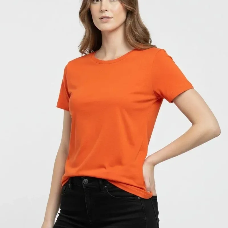 Femeie Tricou Basic Portocaliu Slim Fit cu Guler Bicicletă, Elastan