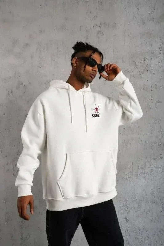 Sweatshirtê Mêran ê Spî Oversize 3 Têl Pembû Bi Kapsûn, Çapkirî û Bêrîk 1