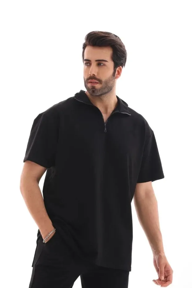 Erkek Siyah Oversize Yarım Fermuarlı Pamuklu Tişört 1