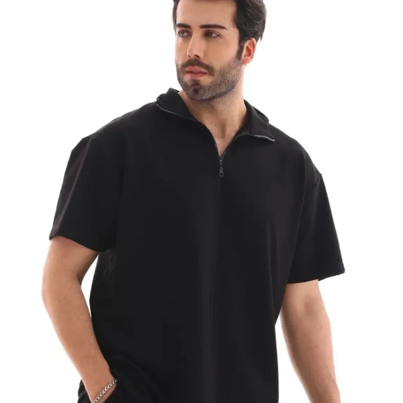 Bluzë për meshkuj e zezë Oversize me gjysmë zinxhir dhe të thjeshtë