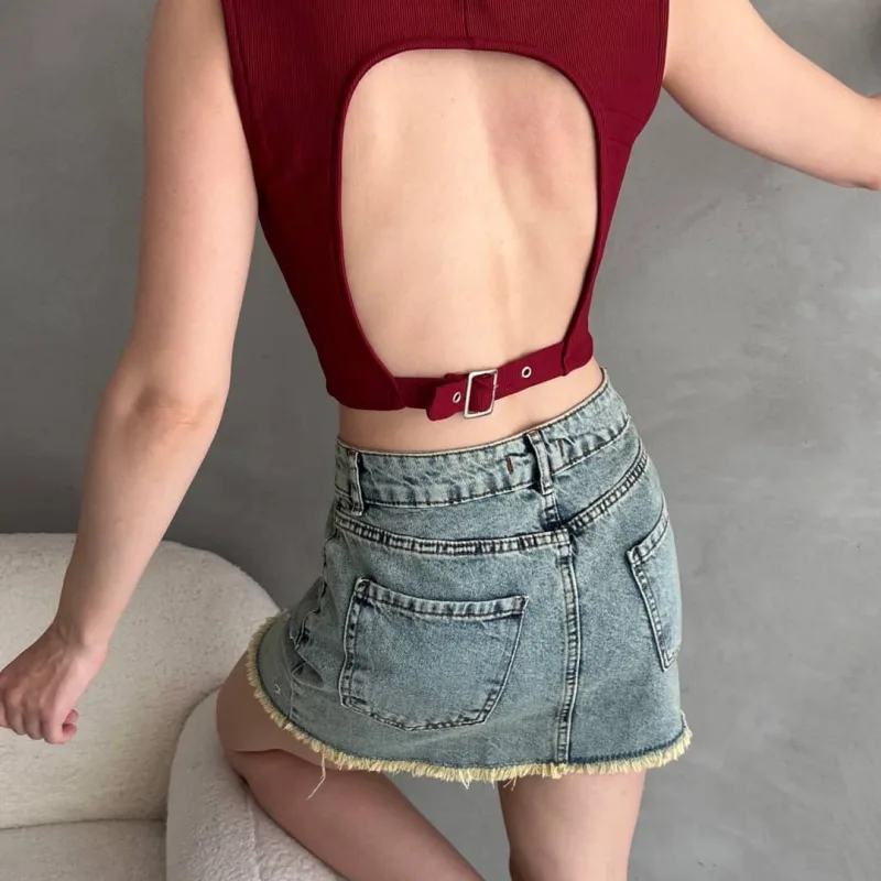 Hátul Öves Részletes Kasmír Crop Blúz Bordó