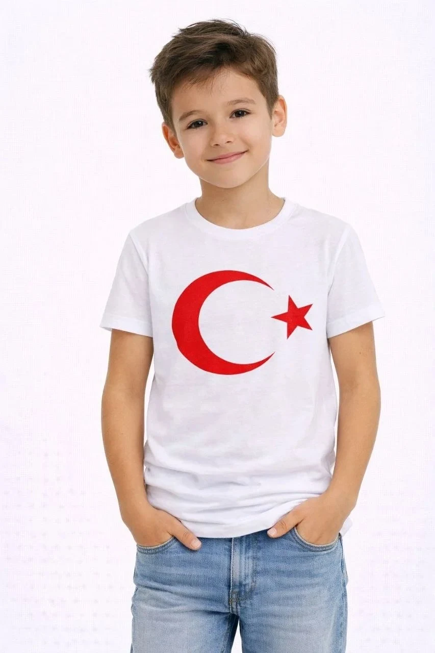 Kids White Crew Neck Moon Star Flag Printed T-Shirt