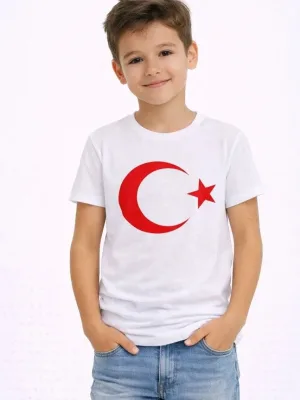 Kids White Crew Neck Moon Star Flag Printed T-Shirt
