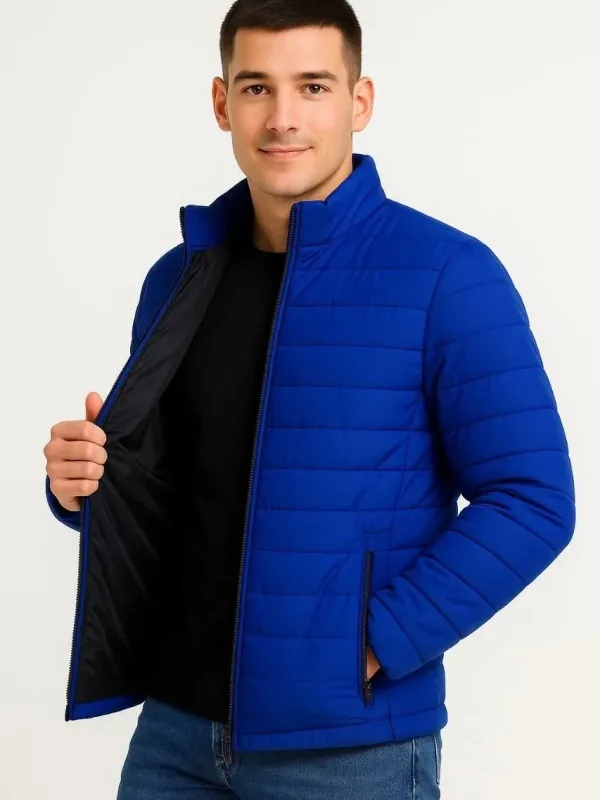 Men's Sax Blue Water-Repellent Quilted Lined Zippered Bomber Jacket 1