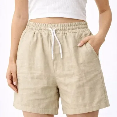 Women's Beige Linen Fabric Pocketed Comfortable Elastic Waist Shorts 1
