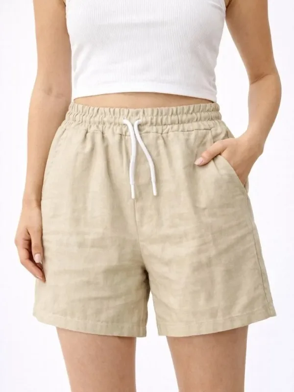 Women's Beige Linen Fabric Pocketed Comfortable Elastic Waist Shorts 1